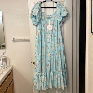 LoveShackFancy Blue Floral Puff Sleeve Maxi Dress in 20W